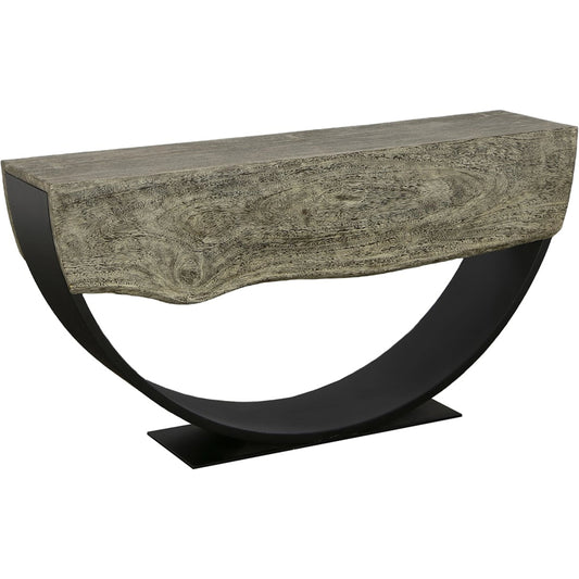 Arc Gray Stone Console Table by Phillips Collection in gray, black and gray stone. Made from chamcha wood, iron in a rustic style.