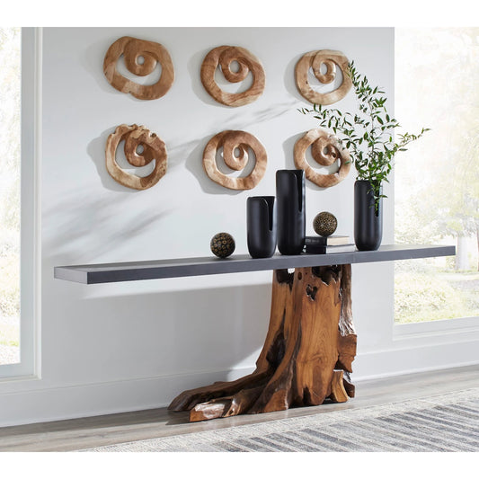 Teak Wood Console Table by Phillips Collection in brown, black. Made from wood, teak metal in a modern style.