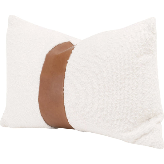 The Split Decision 20" Essential Lumbar Pillow (Set of 2) by Essentials For Living in performance boucle snow, whiskey brown top grain leather. Made from 96% polyester - 4% acrylic fabric, top grain leather, down in a mod