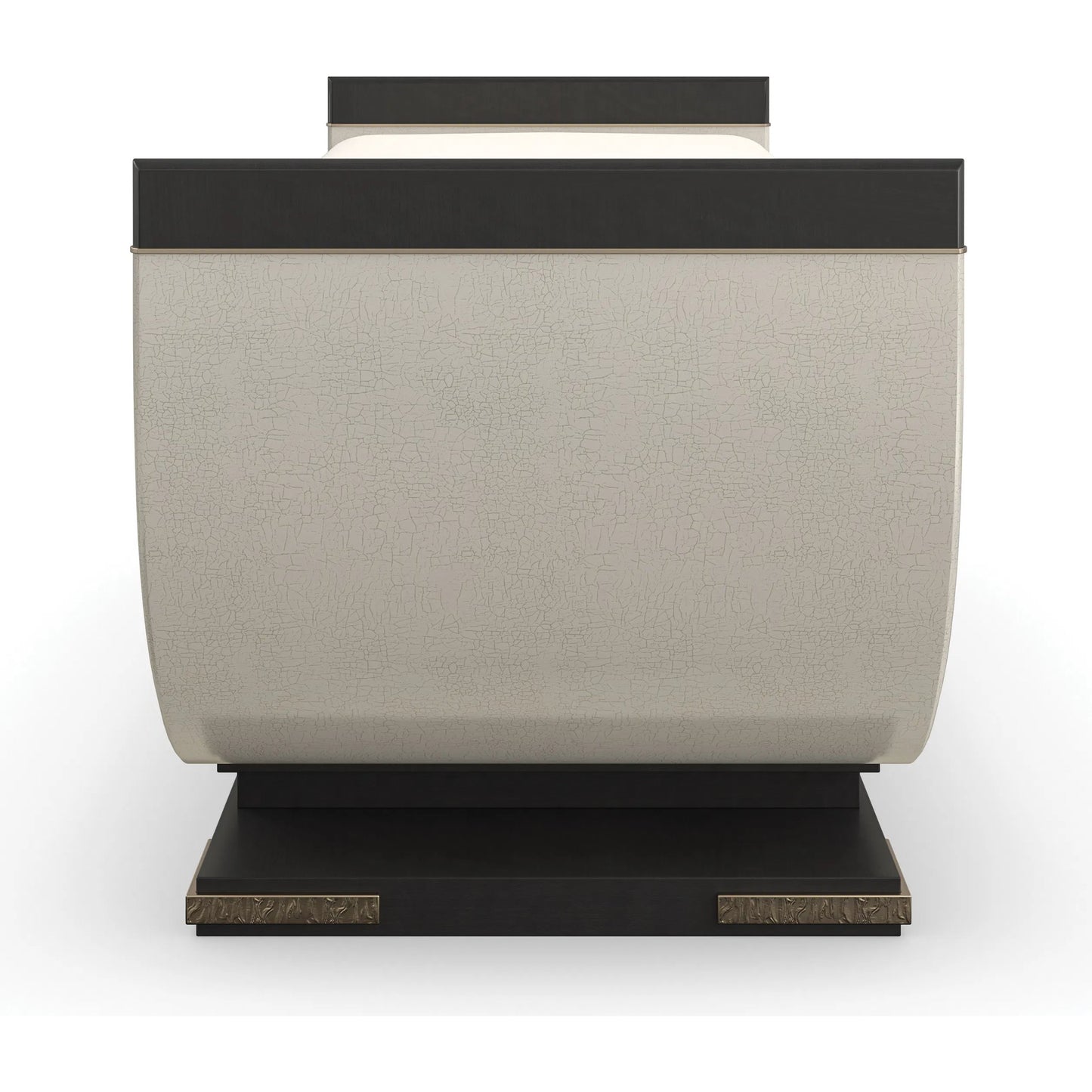 004 SI-2162872 | Closeup | Crete End of Bed Bench by Caracole in ivory, gold and charred bark, brushed gold paint, ivory craze. Made from poplar, dyed makore in a unique style.