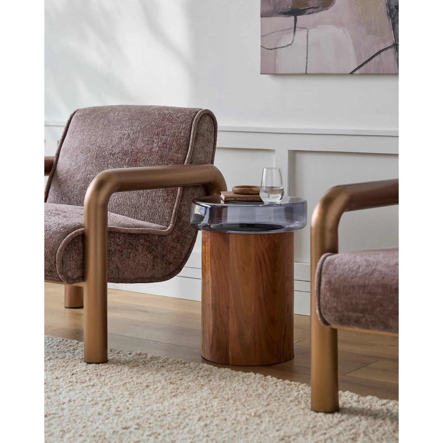 005 SI-2132856 | Lifestyle | Thorpe End Table by Surya in natural. Made from top: glass, base: acacia in a modern style.