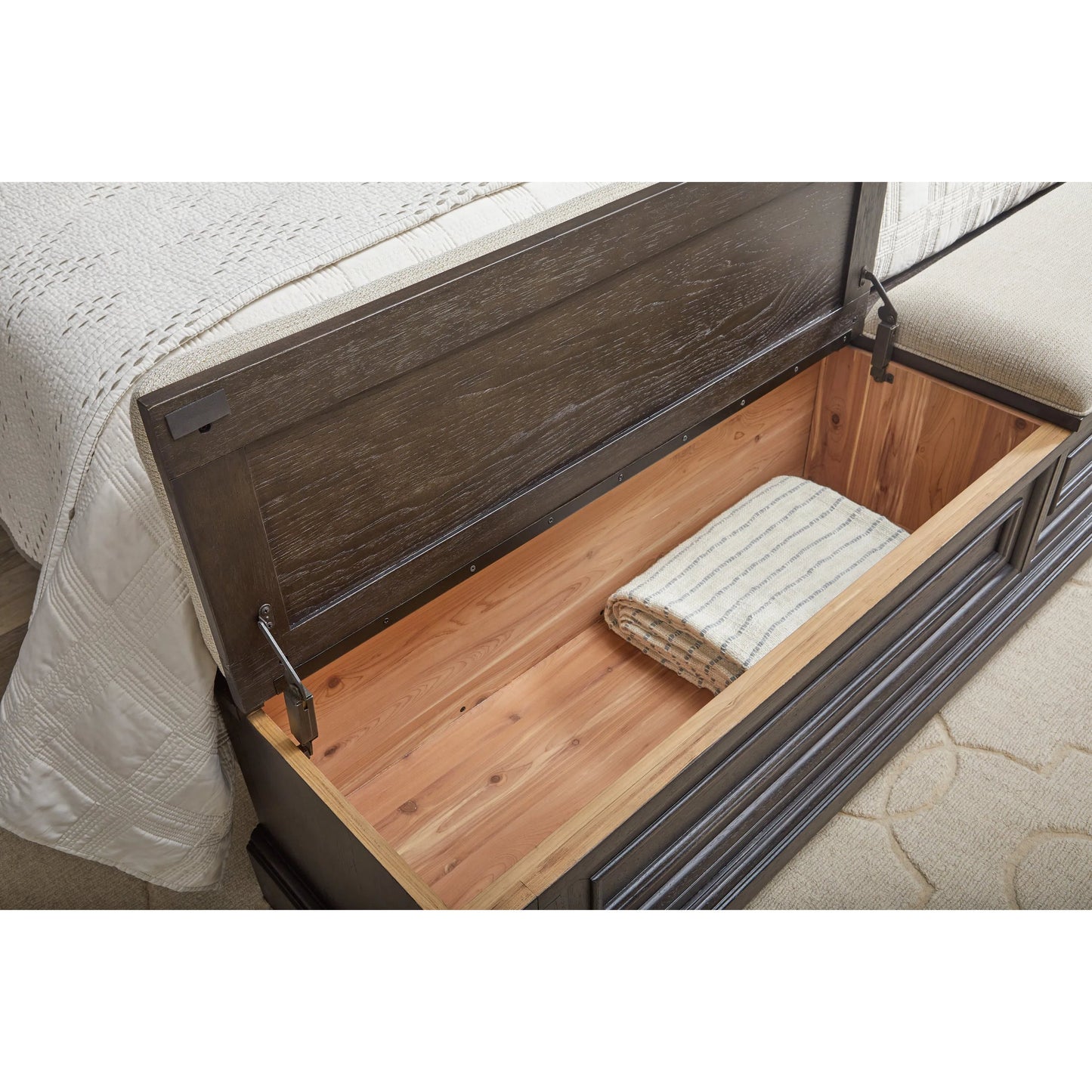 008 SI-2383566,SI-2383567,SI-2383568 | Closeup | Hickory Creek Storage Bed by Pulaski Furniture in brown velvet. Made from split heart cathedral hickory veneers in a unique style.