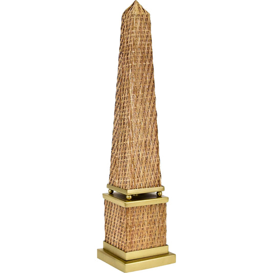 Titus Woven Rattan Obelisk Scultpture by Worlds Away in brown, antique brass. Made from unique in a rustic style.