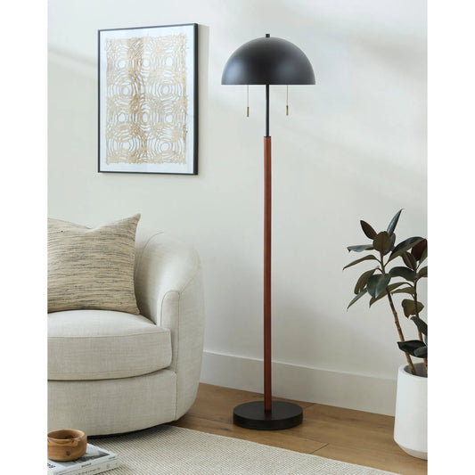 Tiwi Accent Floor Lamp by Livabliss in body: black; base: black; shade (outside): black; shade (inside): white; finial: black; cord: black and hand painted. Made from iron, metal in a modern style.