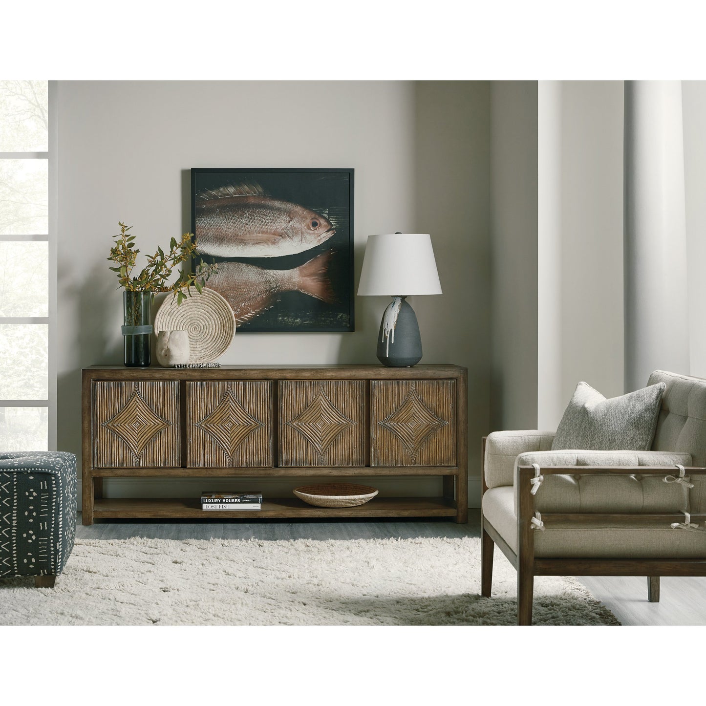 003 SI-1749798 | Lifestyle | Sundance Entertainment Console by Hooker Furniture in cliffside. Made from pecan veneers, resin, solid-wood edge top in a traditional style.