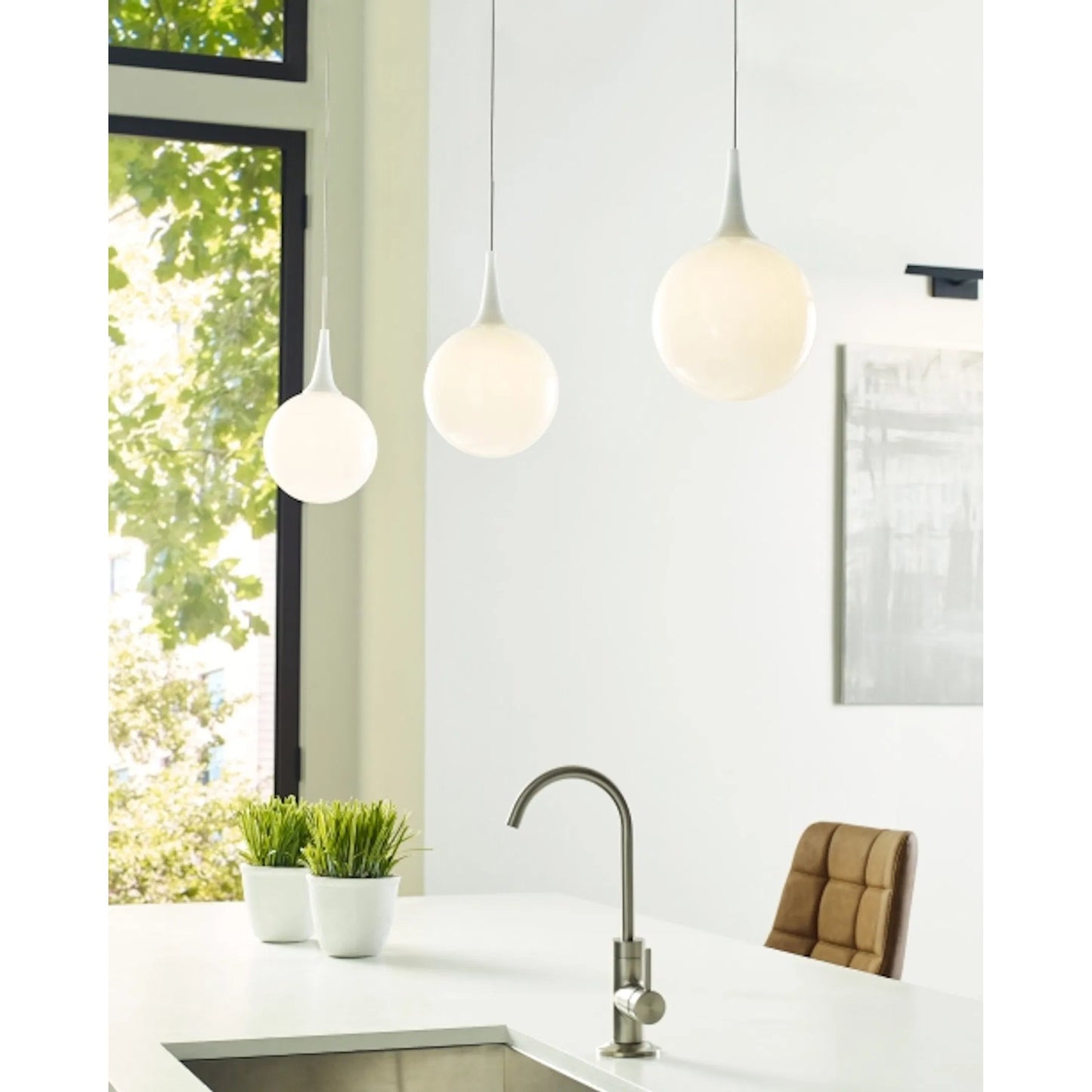007 SI-2229062,SI-2229063 | Lifestyle | Pele Pendant by Visual Comfort & Co. in white and satin nickel. Made from glass in a unique style.