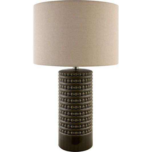Tolfa Accent Table Lamp by Surya in translucent, metallic nickel, metallic silver, white, dark brown, beige and glazed, plated. Made from ceramic, linen, polyester, iron in a modern style.
