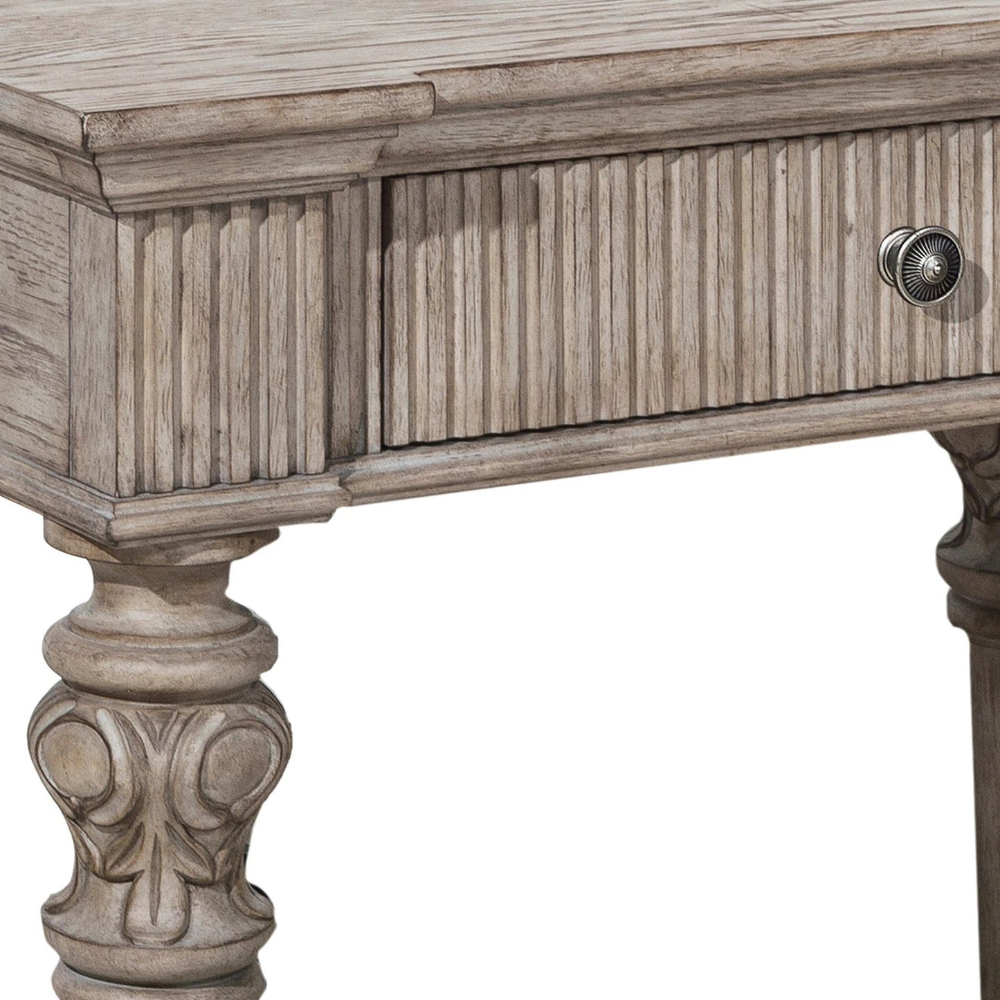 004 SI-2155599 | Closeup | Kingsbury Open Nightstand by Pulaski Furniture in french grey. Made from oak veneers, hardwood solids in a traditional style.