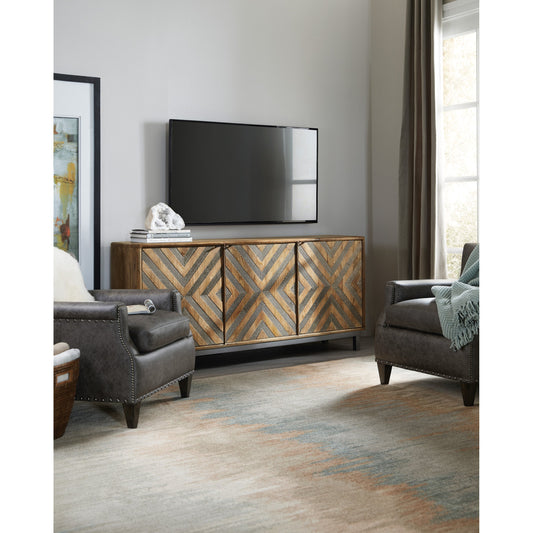 Serramonte Entertainment Console by Hooker Furniture in medium mango. Made from mango wood, metal, german silver in a modern style.