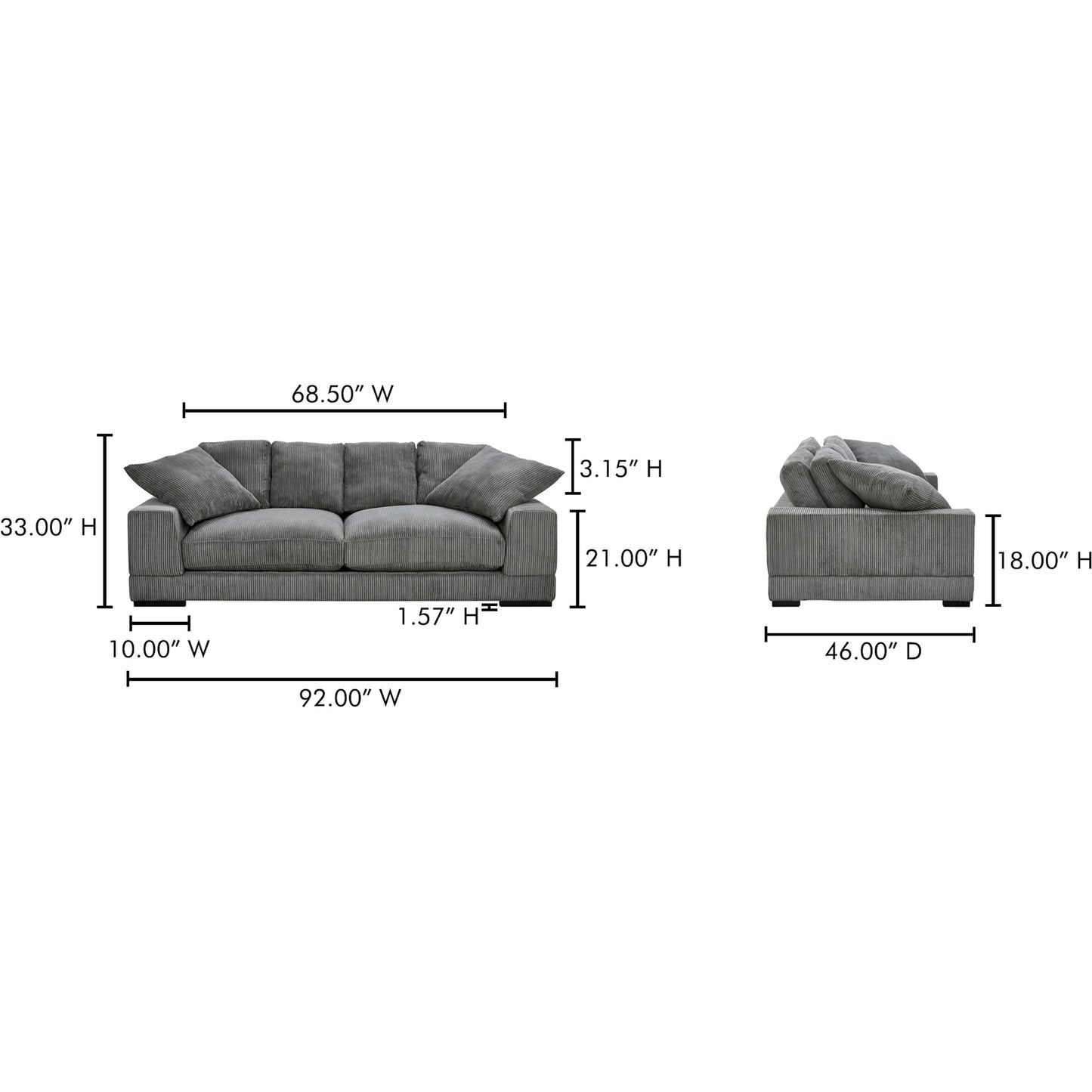 022 SI-2253948 | Lifestyle | Plunge Sofa by Moe's Home Collection in charcoal. Made from upholstery: 100% polyester, solid eucalyptus frame, plywood (fixed rubber wood feet), springs, webbing support, high density foam, fill in a unique style.