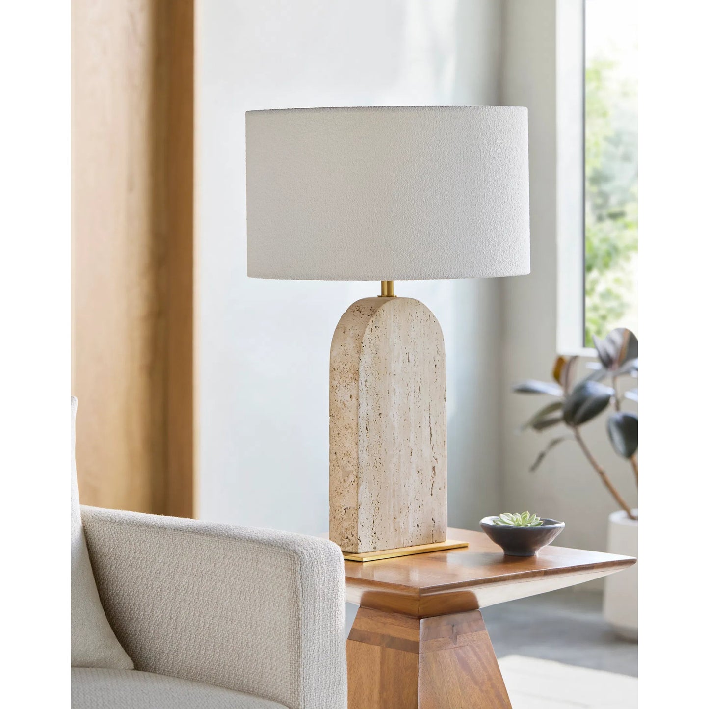002 SI-2244986 | Lifestyle | Tenor Accent Table Lamp by Surya in metallic brass, beige, black, white and platednatural. Made from travertine, iron, linen, polyester in a transitional style.