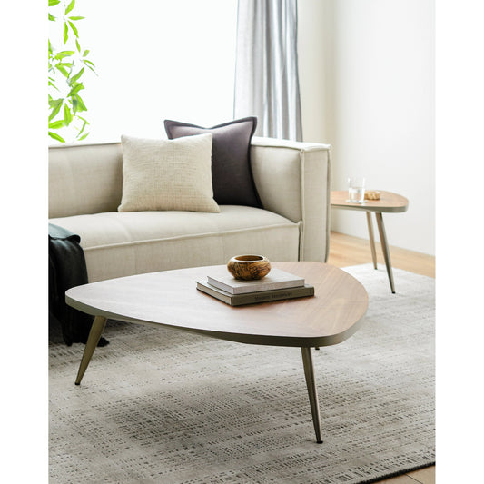 Trinity Coffee Table by Surya in metallic nickel, brown and painted. Made from top: manufactured wood, base: stainless steel in a modern style.