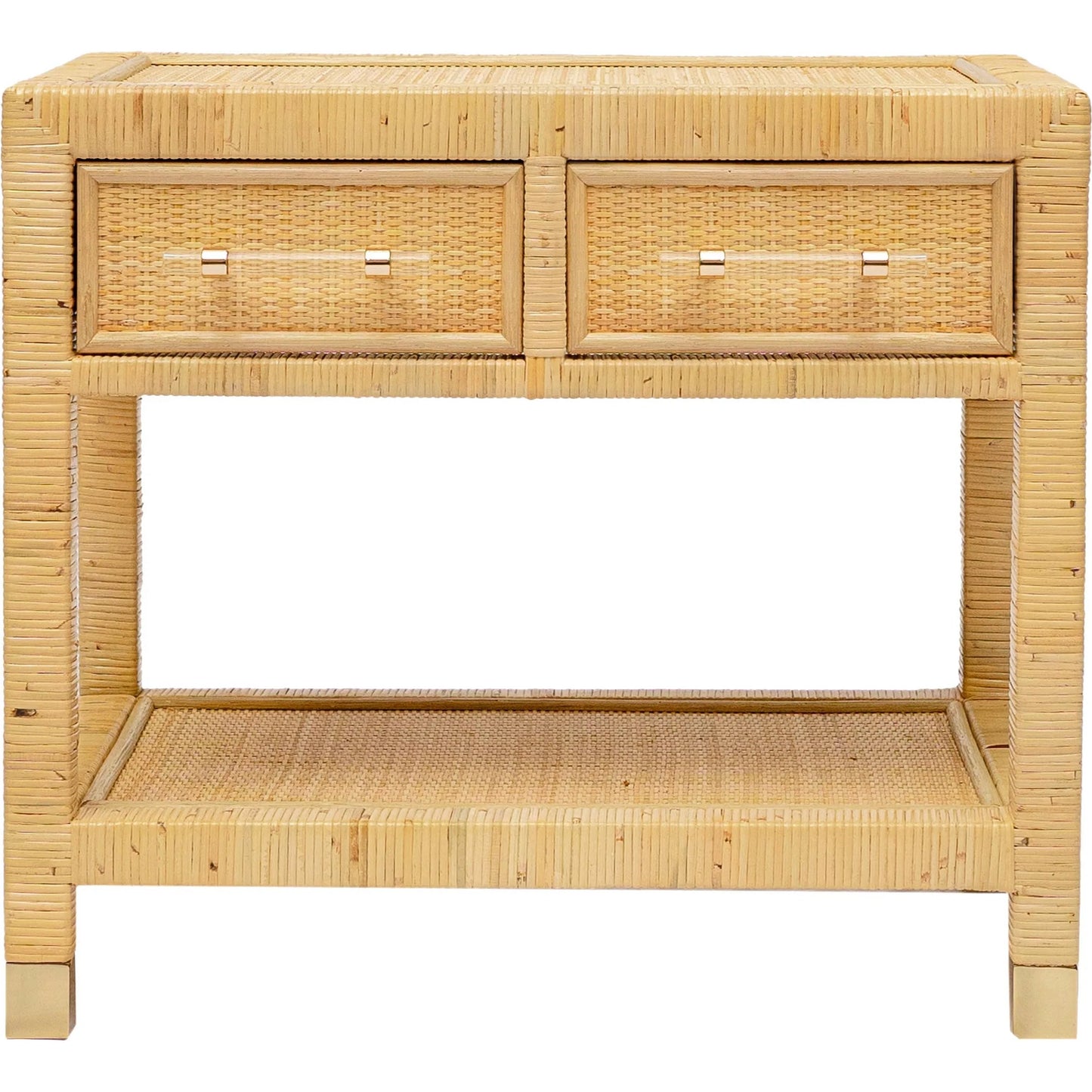 003 SI-2248134 | Unknown | Amara Rattan Nightstand by TOV Furniture in natural. Made from brass, plywood, rattan, wood in a unique style.