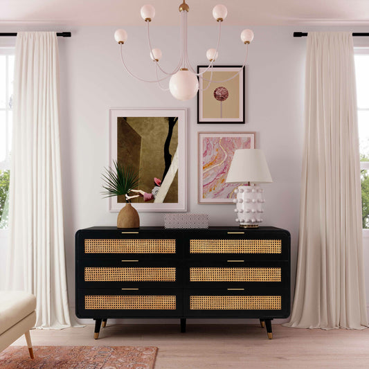 Christine 6 Drawer Dresser by TOV Furniture in black. Made from acacia, mdf, cane, metal in a coastal style.