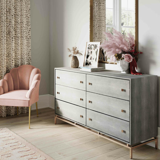 Pesce Shagreen 6 Drawer Dresser by TOV Furniture in grey. Made from acacia, mdf in a transitional style.
