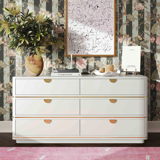Julieta 6 Drawer Dresser by TOV Furniture in cream. Made from acacia, mdf, plastic in a modern style.