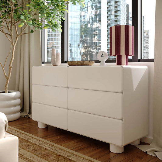 Tammy 6-Drawer Dresser by TOV Furniture in white. Made from mdf, rubberwood in a transitional style.