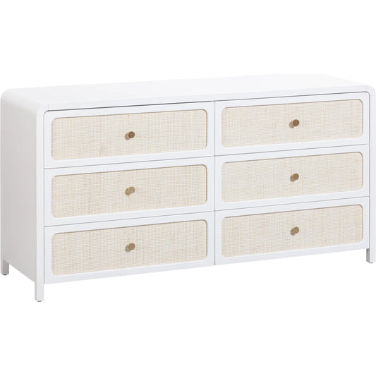 Patty Rattan 6 Drawer Dresser by TOV Furniture in white. Made from mdf, metal, rattan, wood in a transitional style.