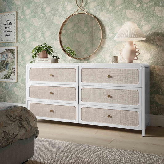 Patty Rattan 6 Drawer Dresser by TOV Furniture in white. Made from mdf, metal, rattan, wood in a transitional style.