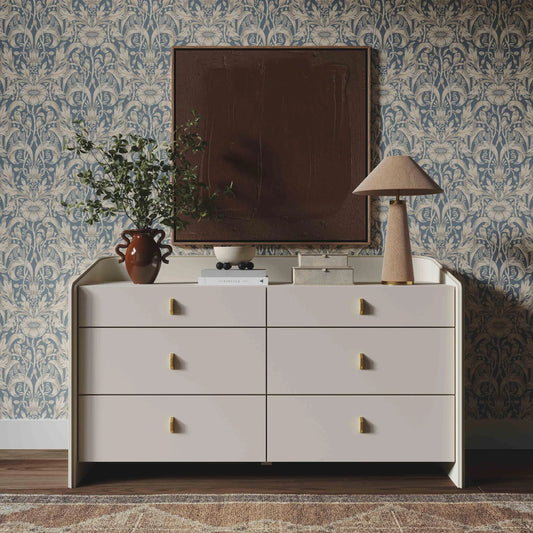 Collins 6-Drawer Dresser by TOV Furniture in cream. Made from acacia wood, mdf, metal, plywood in a unique style.