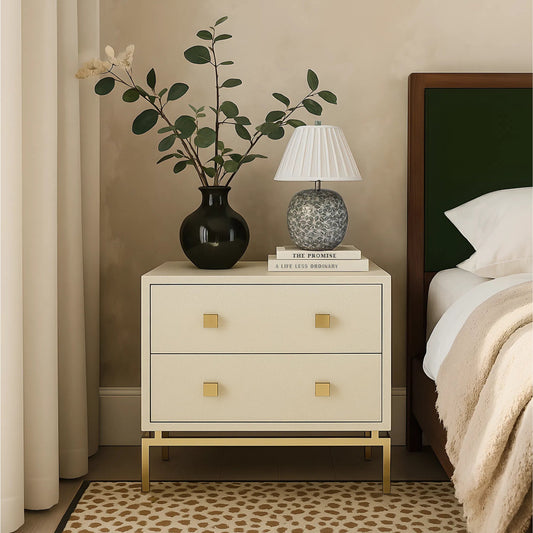 Pesce Shagreen 2 Drawer Nightstand by TOV Furniture in cream. Made from fabric, mdf, metal in a transitional style.