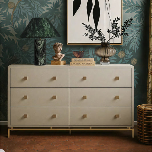 Pesce Shagreen 6 Drawer Dresser by TOV Furniture in cream. Made from fabric, mdf, metal in a unique style.
