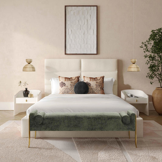 Eliana Boucle Bed by TOV Furniture in cream. Made from boucle, wood in a modern style.