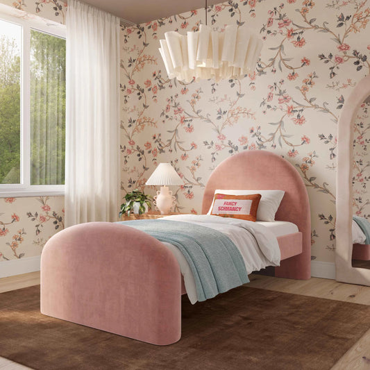 Moon Upcycled Chenille Bed by TOV Furniture in rose. Made from mdf, plywood, recycled fabric in a eclectic & global style.