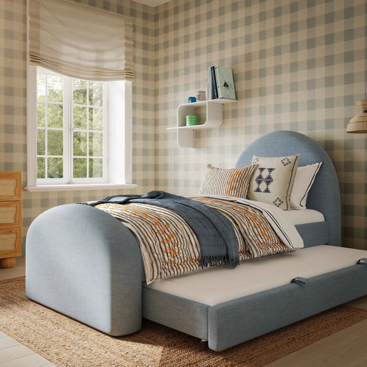 Moon Chambray Chenille Trundle Bed by TOV Furniture in blue. Made from chenille, mdf in a unique style.