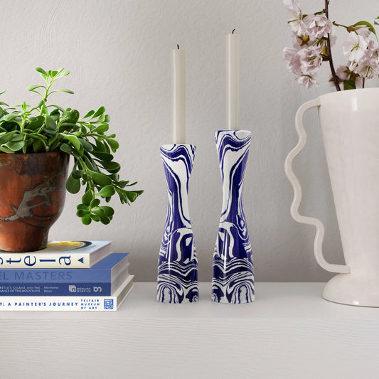Serene Candlestick by TOV Furniture in blue, white. Made from iron, resin in a modern style.
