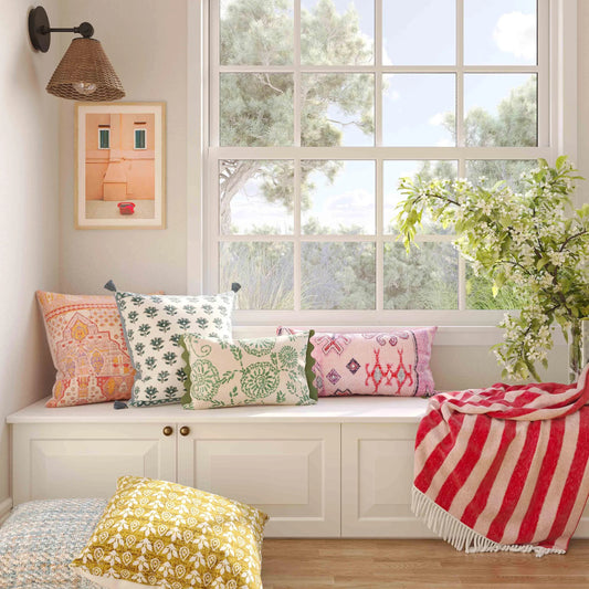 Blossom Printed Cotton Tassel Accent Cushion by TOV Furniture in blue. Made from cotton in a traditional style.