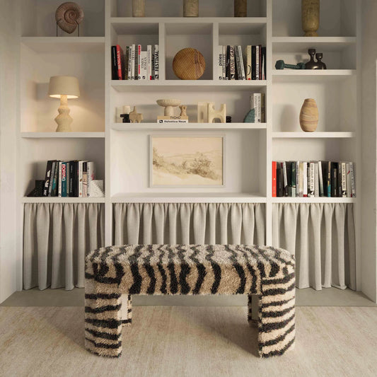 Zebra Striped Tufted Bench by TOV Furniture in brown. Made from cotton, polyester, wood in a unique style.