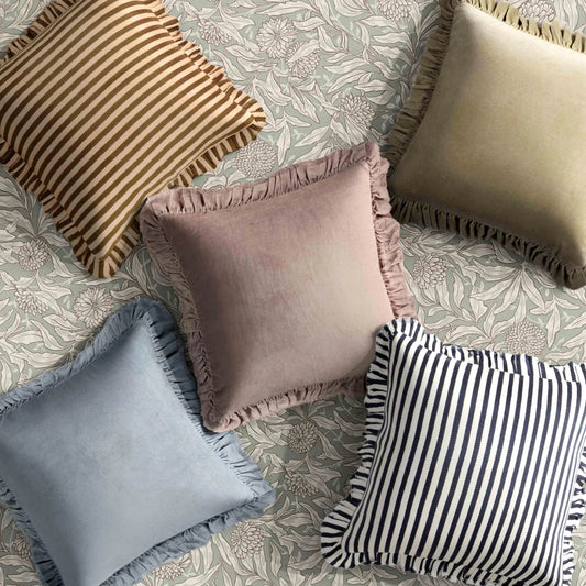 Alessia Striped Ruffle Square Accent Pillow by TOV Furniture in navy. Made from acrylic, polyester in a eclectic & global style.