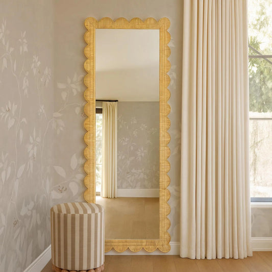 Bama Long Rattan Wall Mirror by TOV Furniture in natural. Made from glass, rattan in a unique style.