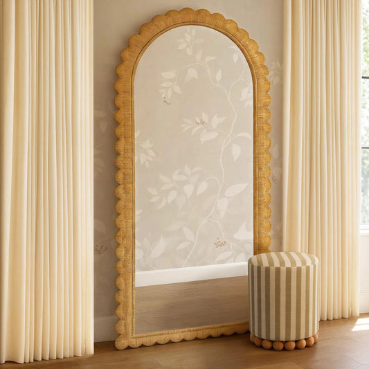 Bama Jumbo Rattan Arched Wall Mirror by TOV Furniture in natural. Made from glass, rattan in a unique style.