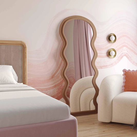 Rhodes Velvet Floor Mirror by TOV Furniture in cinnamon. Made from glass, mdf, velvet in a transitional style.