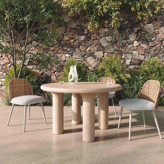 Barbara Textured Indoor / Outdoor Round Dining Table by TOV Furniture in cream. Made from frp in a transitional style.