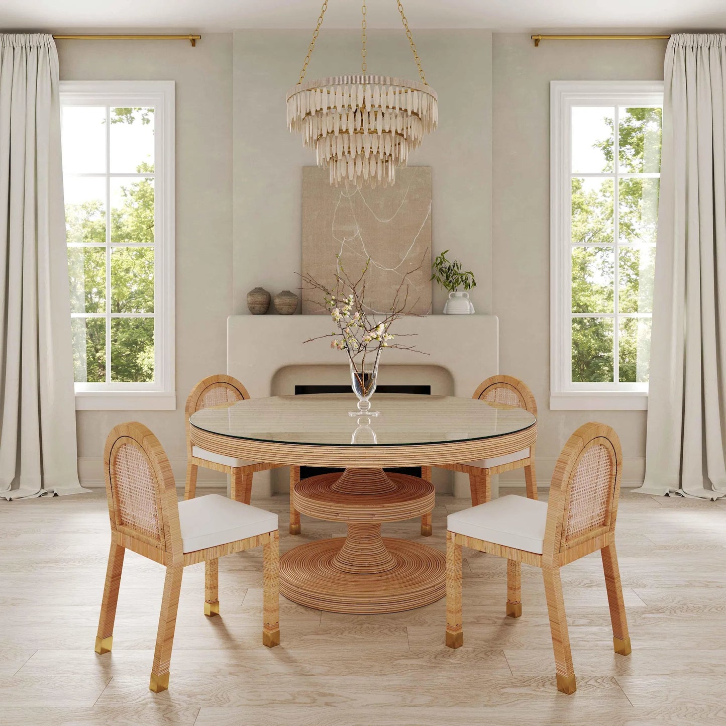 007 SI-2439896 | Lifestyle | Amara Linen Arched Dining Chair by TOV Furniture in cream, natural. Made from brass, linen, rattan, wood in a rustic style.