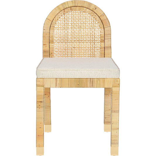 Amara Linen Arched Dining Chair by TOV Furniture in cream, natural. Made from brass, linen, rattan, wood in a rustic style.