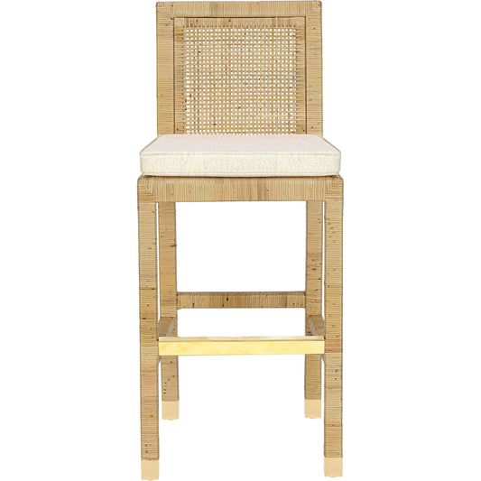 001 SI-2439897 | Primary Silo | Amara Linen Barstool by TOV Furniture in cream, natural. Made from brass, linen, rattan, wood in a rustic style.
