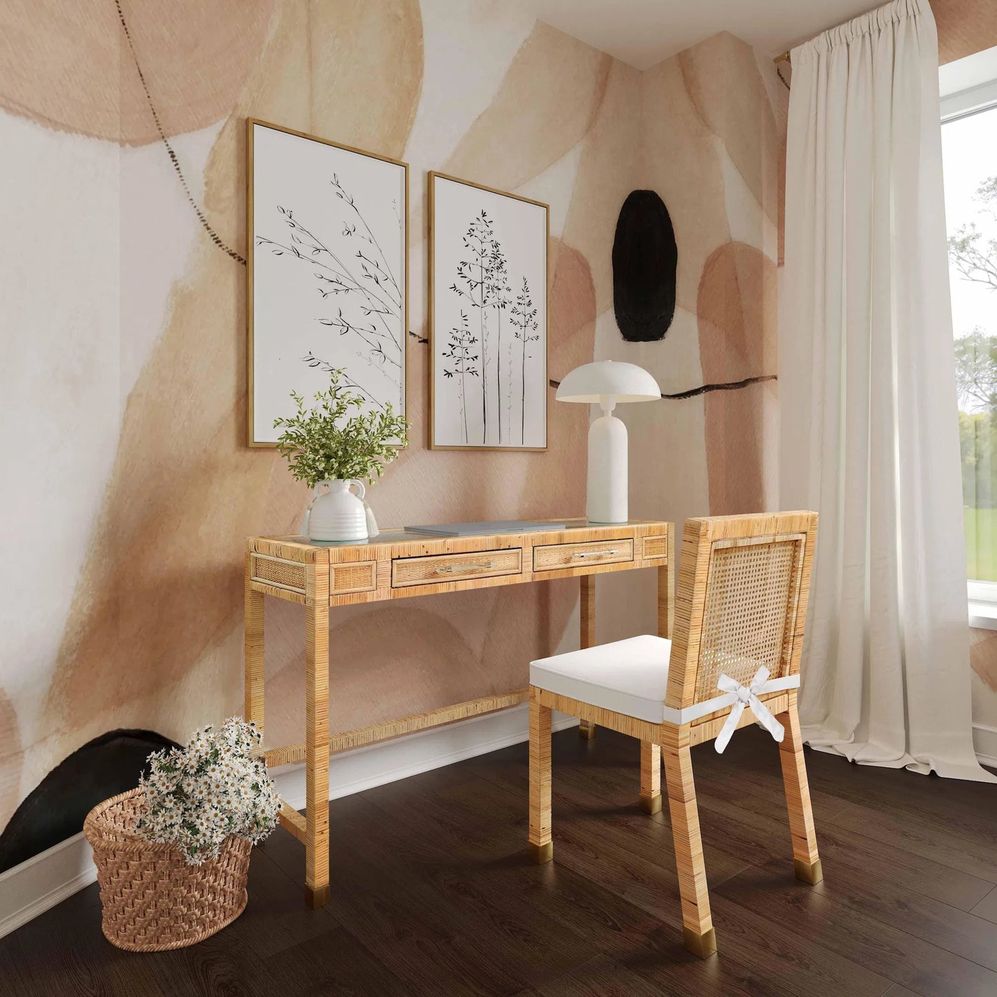 017 SI-1984132 | Lifestyle | Amara Rattan Dining Chair by TOV Furniture in natural. Made from fabric, rattan veneer, wood in a cottage & farmhouse style.