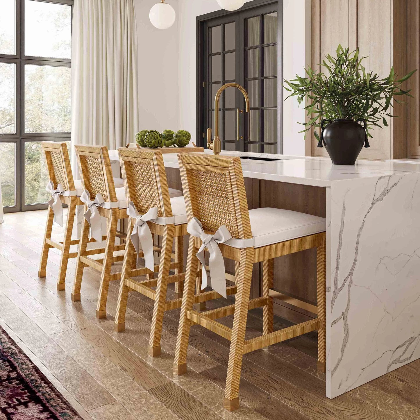 010 SI-1984133 | Lifestyle | Amara Rattan Bar Stool by TOV Furniture in natural. Made from fabric, rattan veneer, wood in a cottage & farmhouse style.