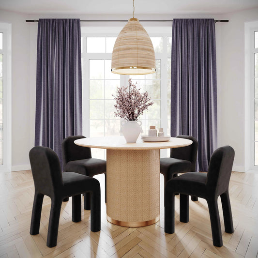 Akiba Round Dining Table by TOV Furniture in natural. Made from ash veneer, iron, mdf, pine, rattan in a modern style.