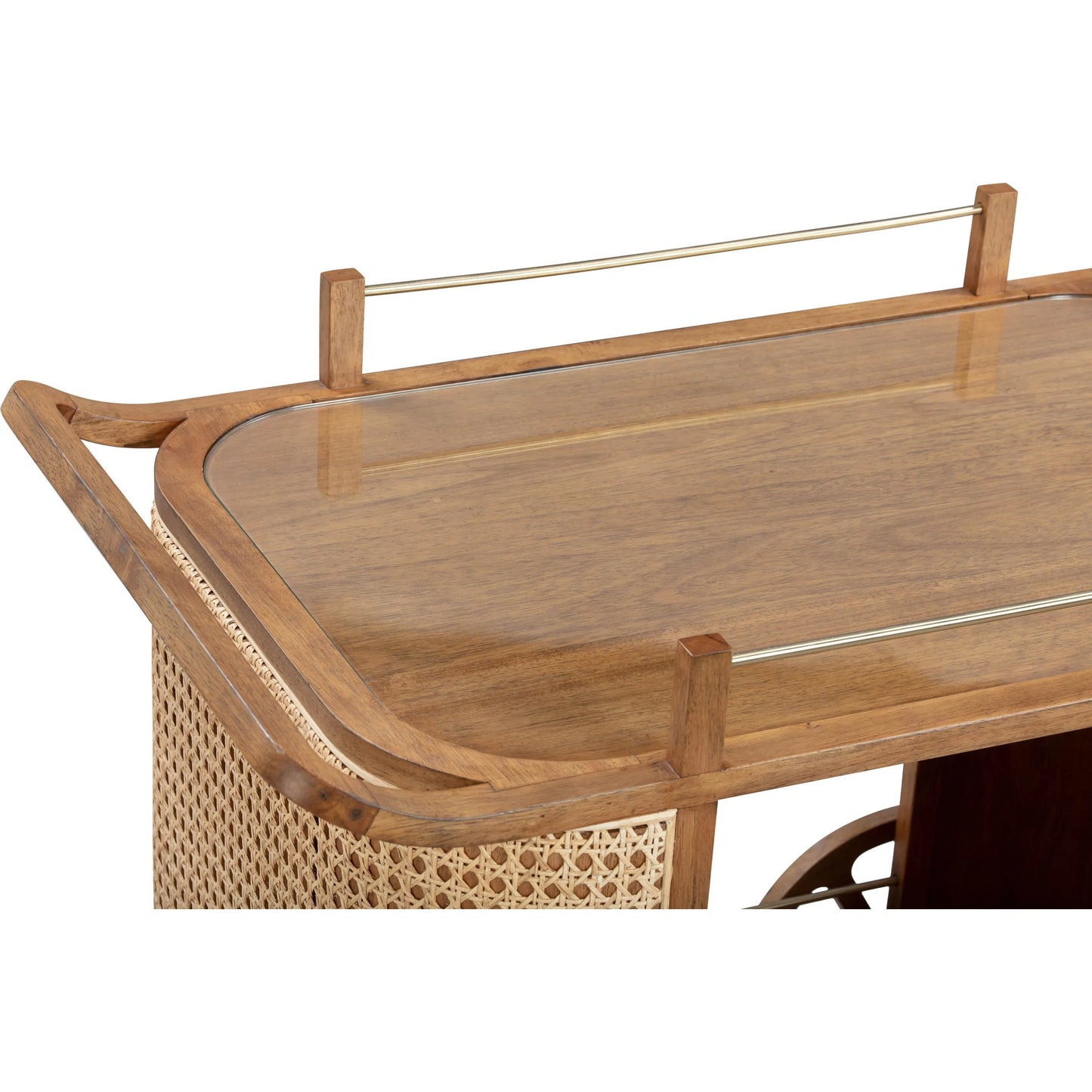 005 SI-2248583 | Closeup | Yuma Rattan Bar Cart by TOV Furniture in natural. Made from iron, plywood, wood in a unique style.