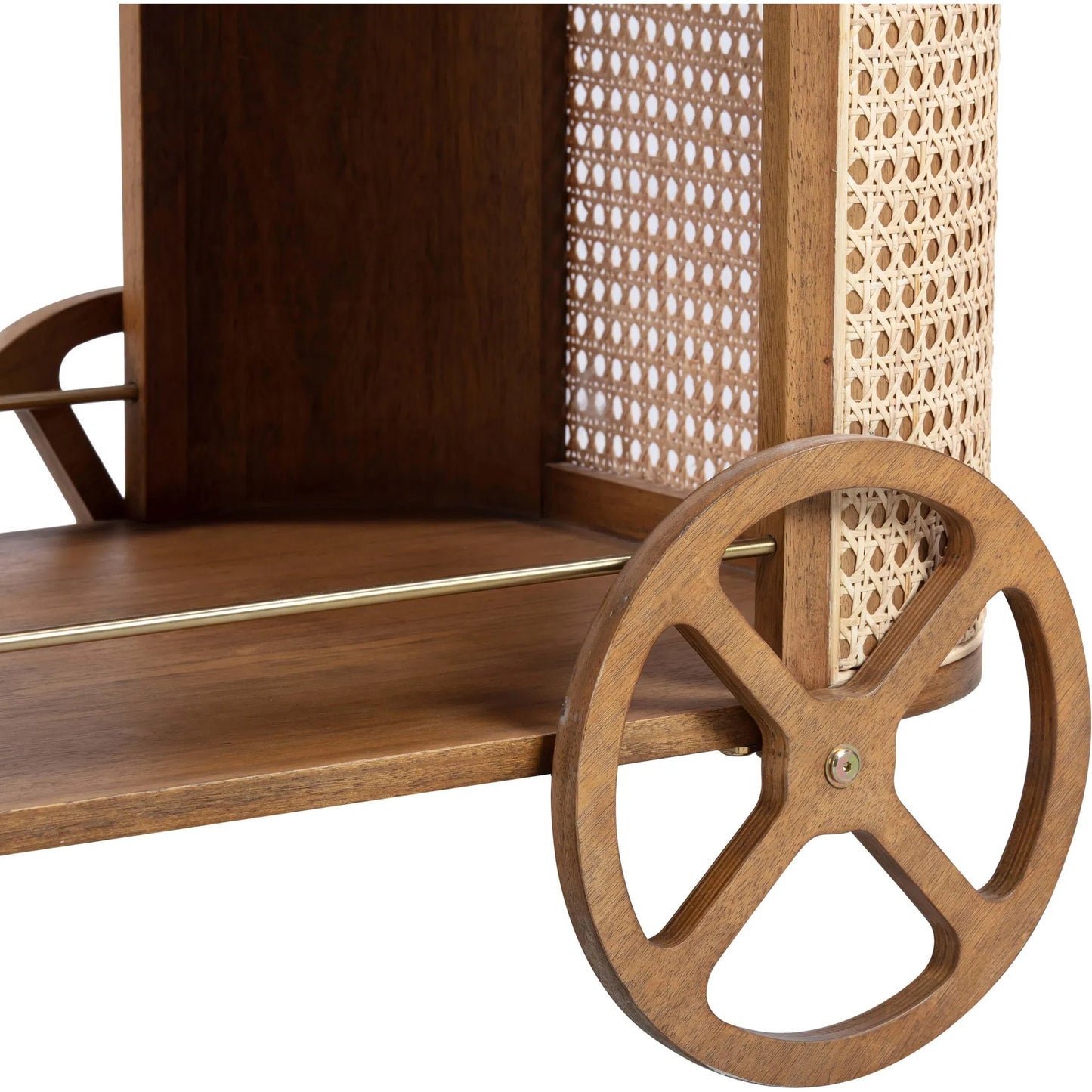 007 SI-2248583 | Closeup | Yuma Rattan Bar Cart by TOV Furniture in natural. Made from iron, plywood, wood in a unique style.
