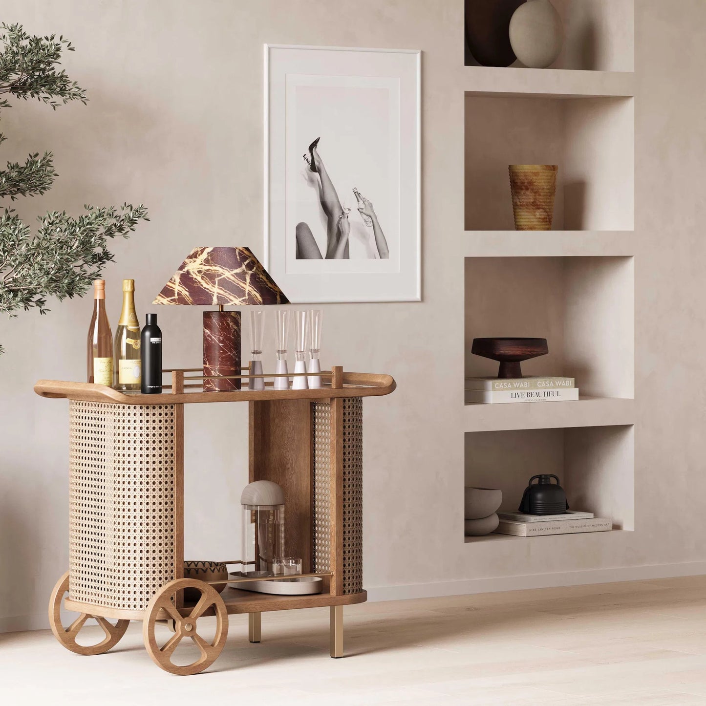 009 SI-2248583 | Lifestyle | Yuma Rattan Bar Cart by TOV Furniture in natural. Made from iron, plywood, wood in a unique style.