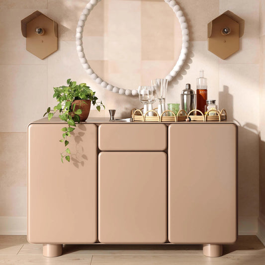 Tammy Buffet by TOV Furniture in taupe. Made from mdf, rubberwood in a eclectic & global style.