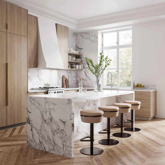 Astro Woven Vegan Leather Adjustable Stool by TOV Furniture in cafe au lait. Made from mdf, stainless steel, vegan leather in a modern style.