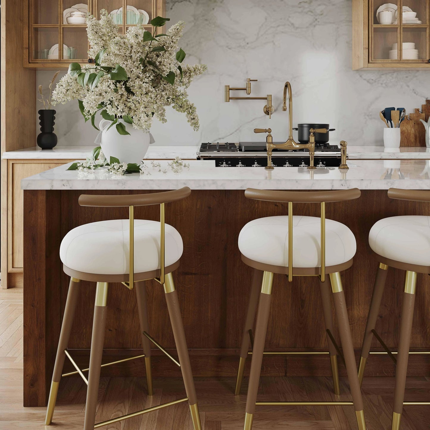 006 SI-2107417 | Lifestyle | Juniper Velvet Counter Stool by TOV Furniture in cream. Made from ash, iron, velvet in a modern style.