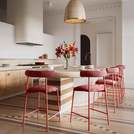 Liliana Velvet Bar Stool by TOV Furniture. Made from fabric, iron in a modern style.